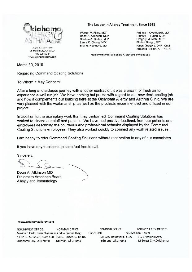 Testimonial for Command Coating Solutinos from Oklahome Allergy and Athsma Clinic
