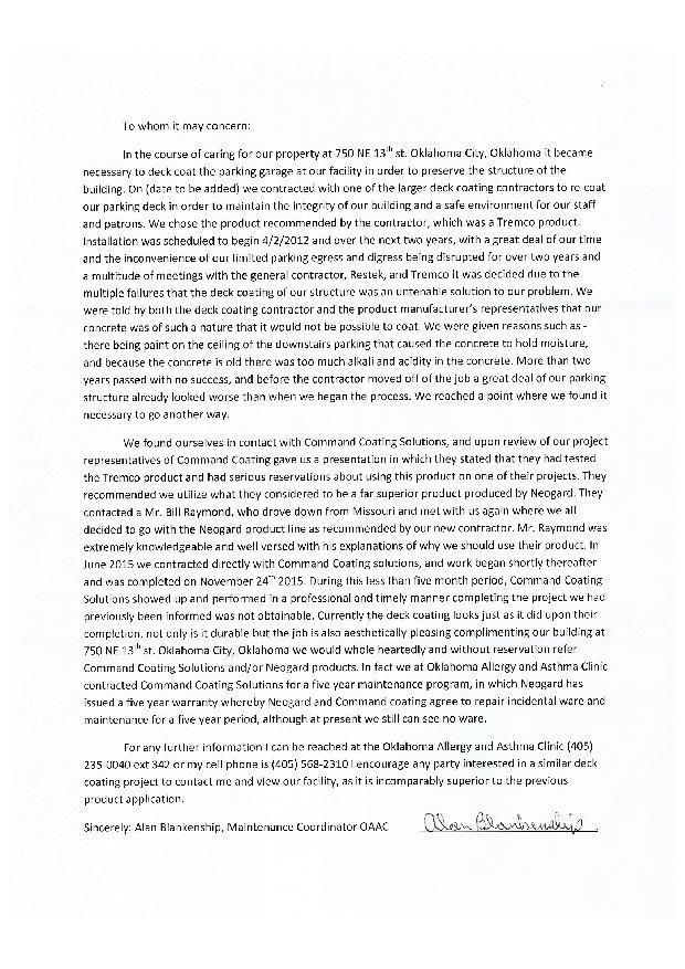 Letter of Recommendation for Command Coating Solutions from A Blankenship